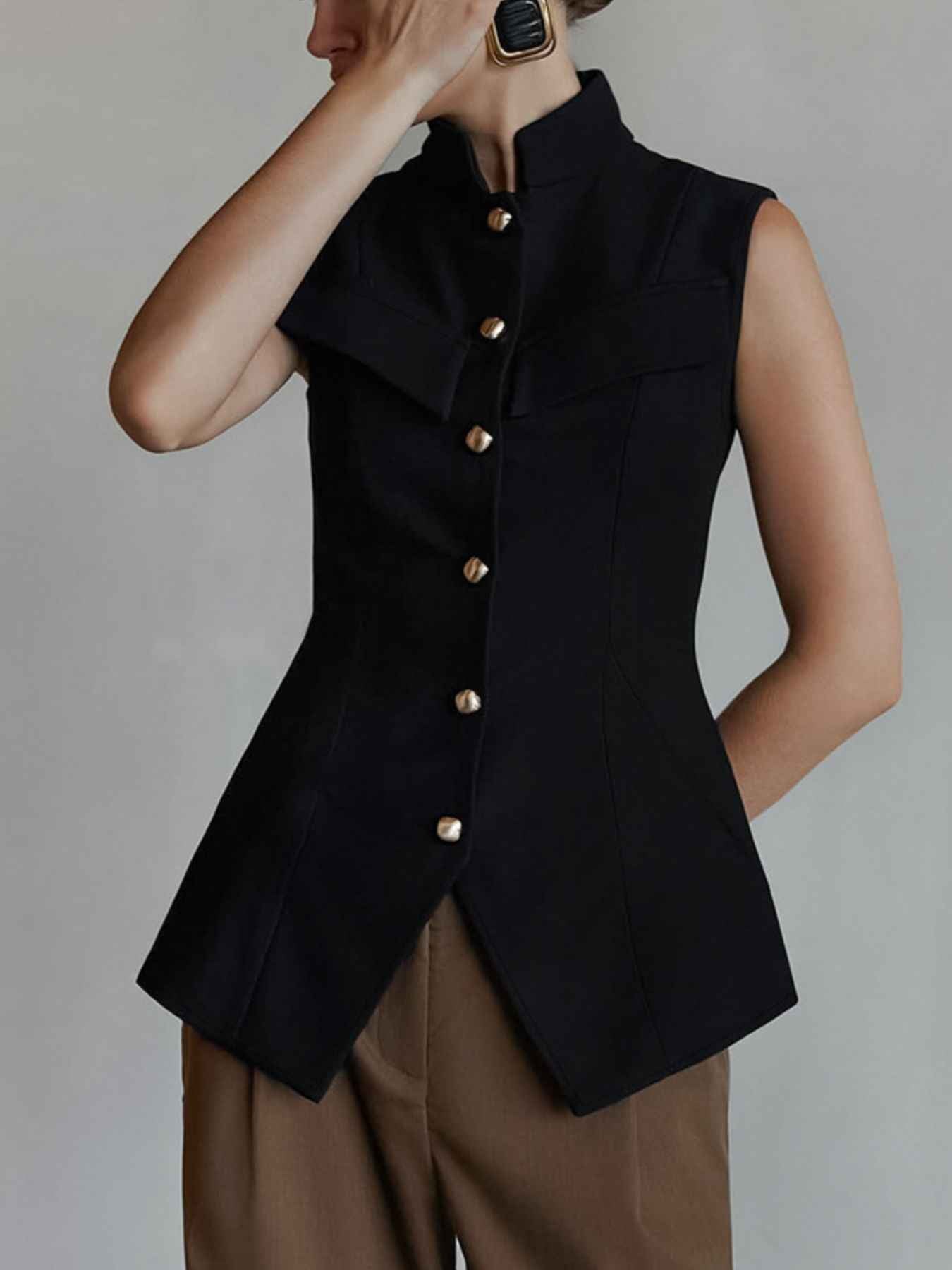 Stand Collar Button-Down Vest Coat