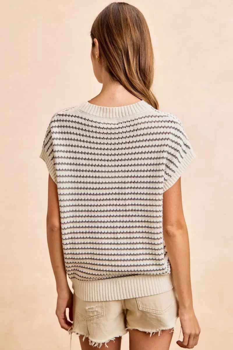 BiBi Pointelle Stripes Sleeveless Drop Shoulder Lightweight Sweater Top