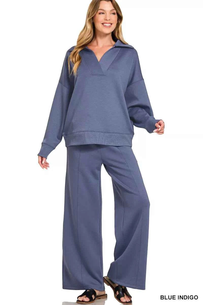 Zenana Scuba Collared Pullover & Center Seam Pants Set