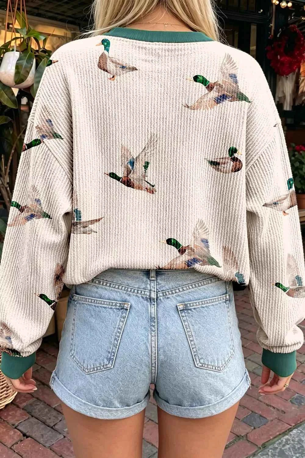 Twisted Ribbed Duck Print Crewneck Casual Pullover Top
