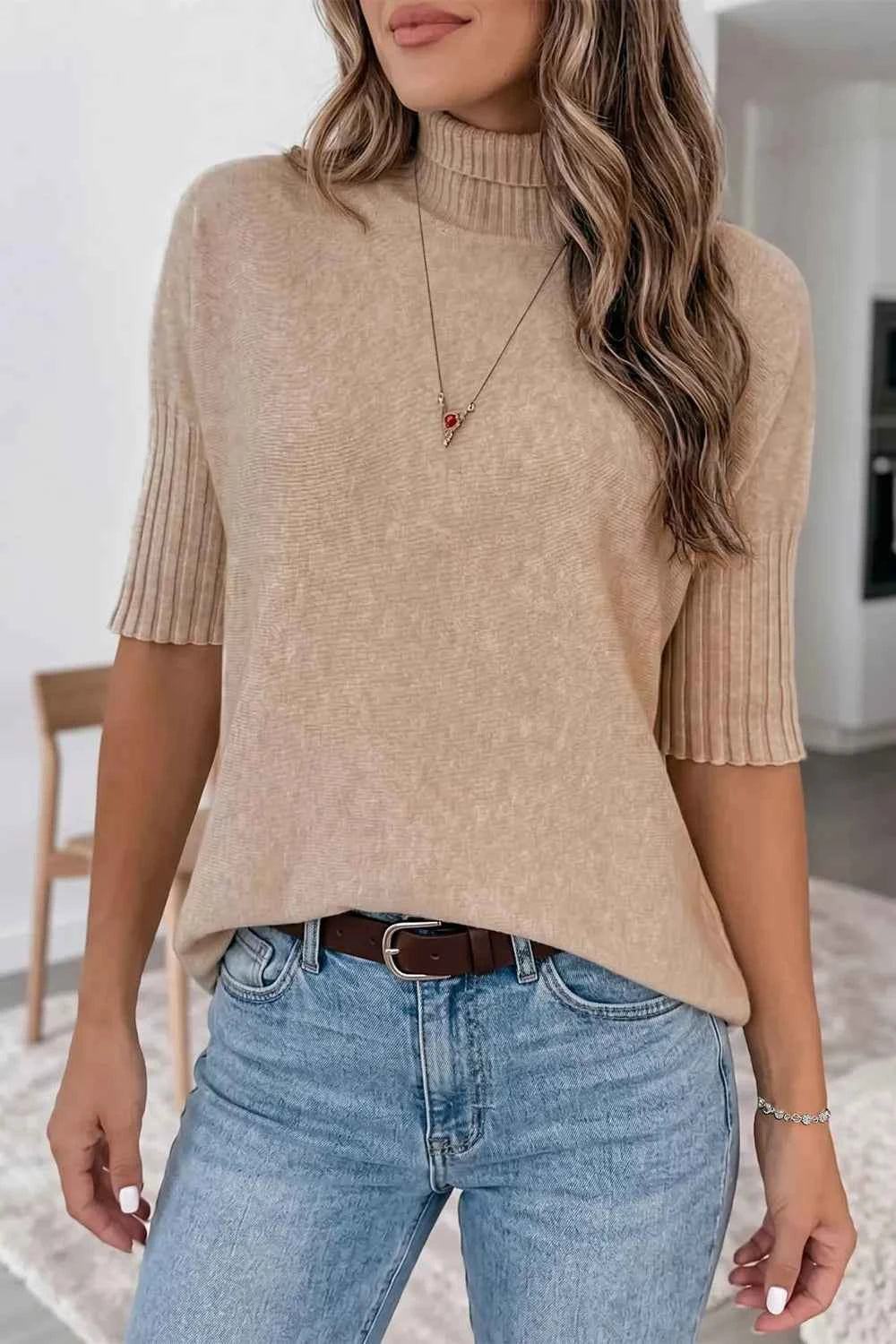 Ribbed Trim High Neck Short Sleeve Casual Sweater