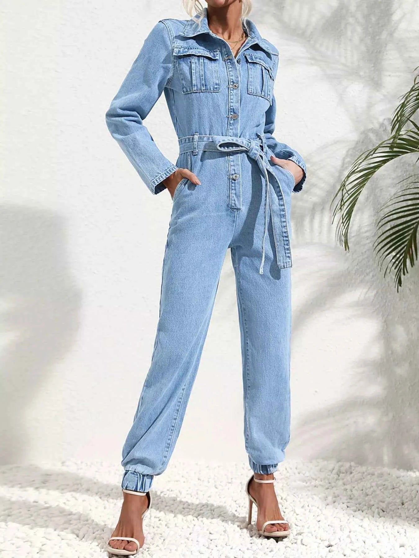 Button Front Belt Denim Jumpsuit