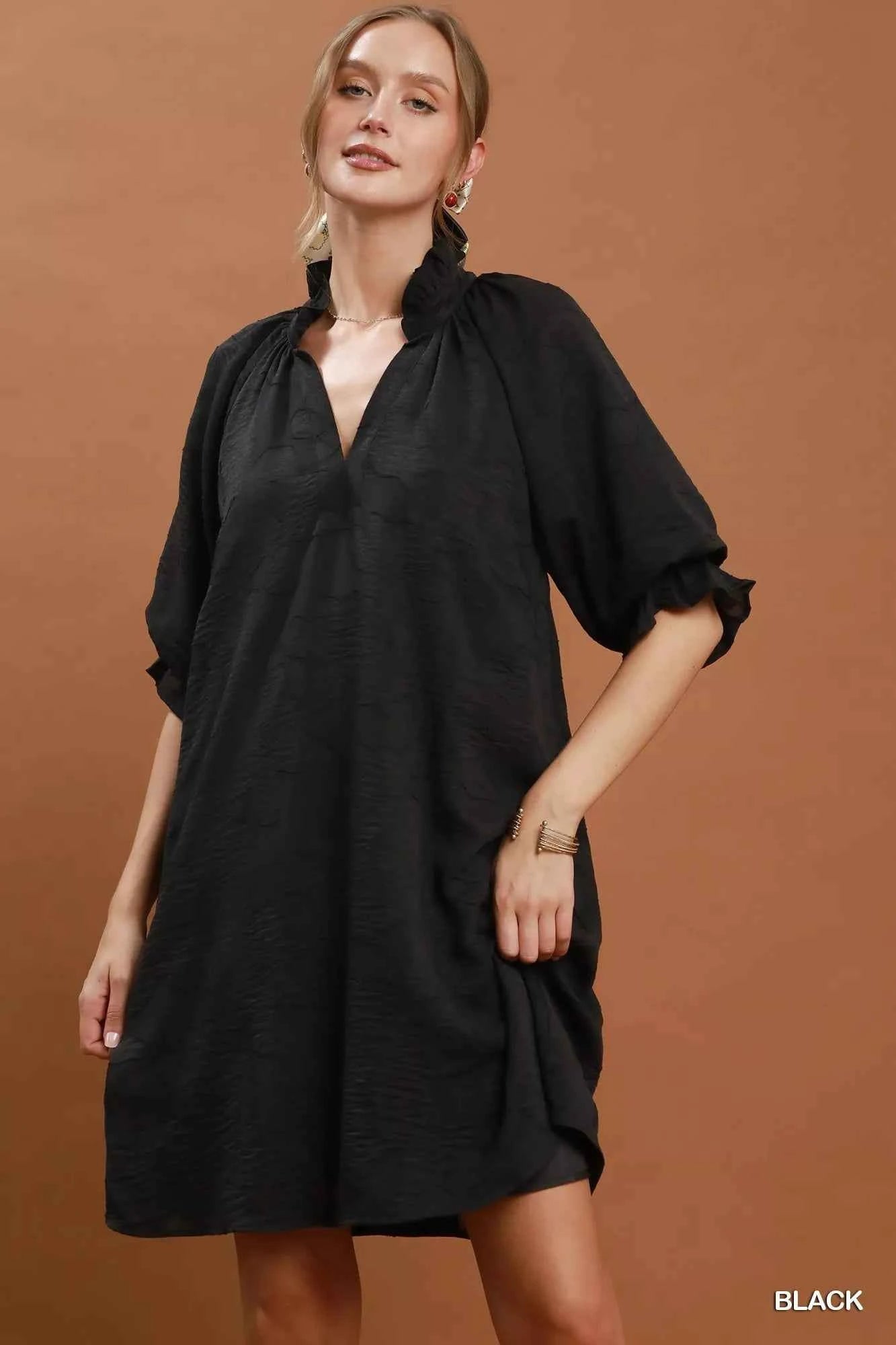 Umgee Floral Textured Jacqaurd V-Neck Dress