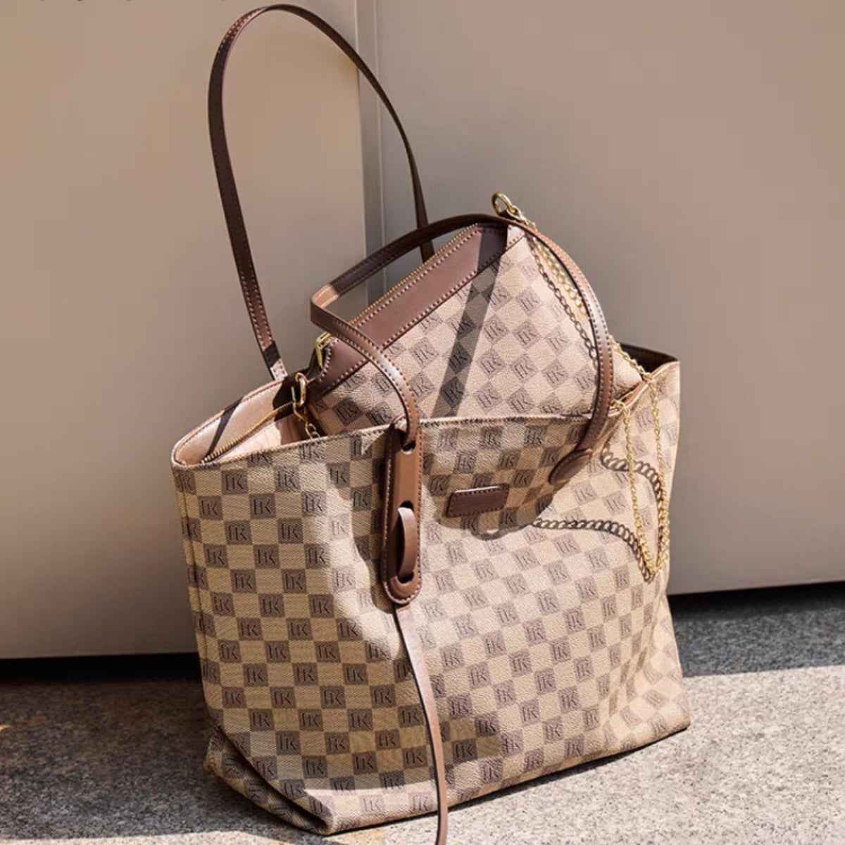 Checkered Pattern Leather Tote Bag
