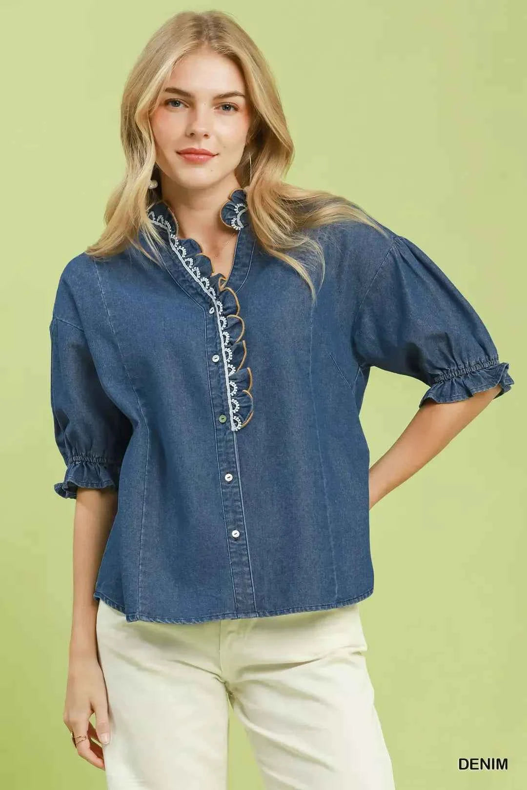 Umgee Chambray Scalloped Trim Button Front Blouse