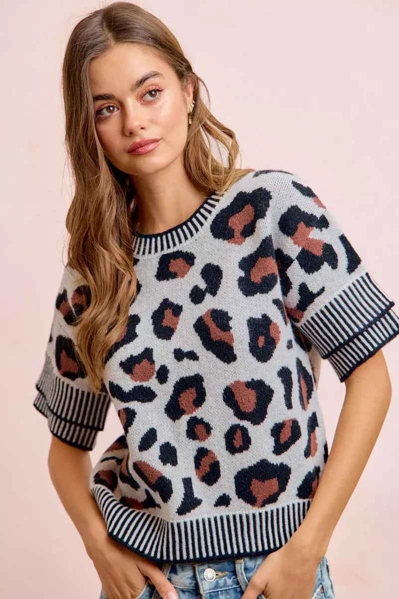 BiBi Two Tone Detail Leopard Knit Double Sleeves Top