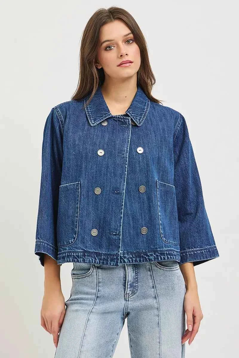 RISEN Double-Breasted Flowy Cropped Denim Jacket