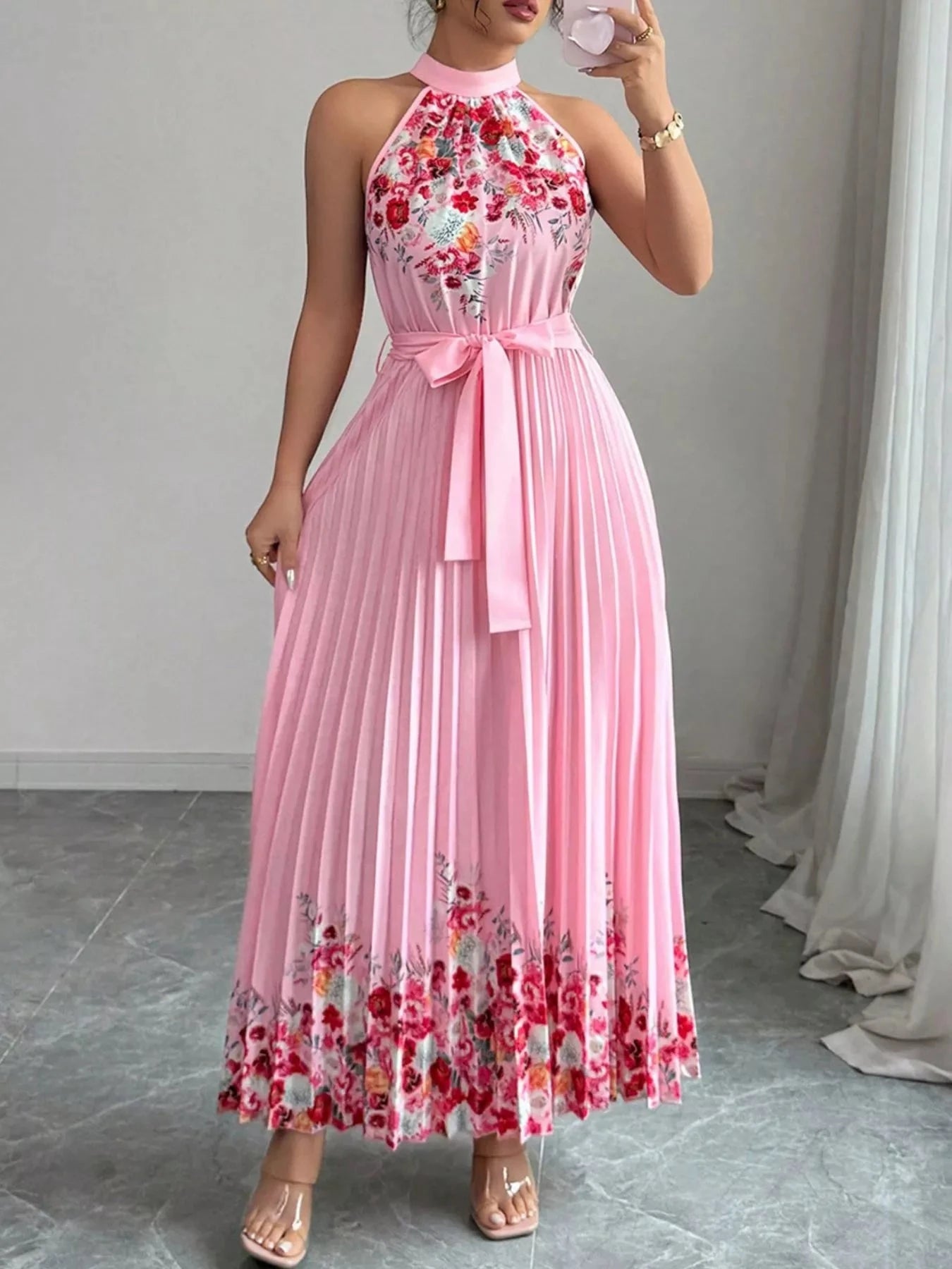 Halter Neck Floral Print Pleated Maxi Dress