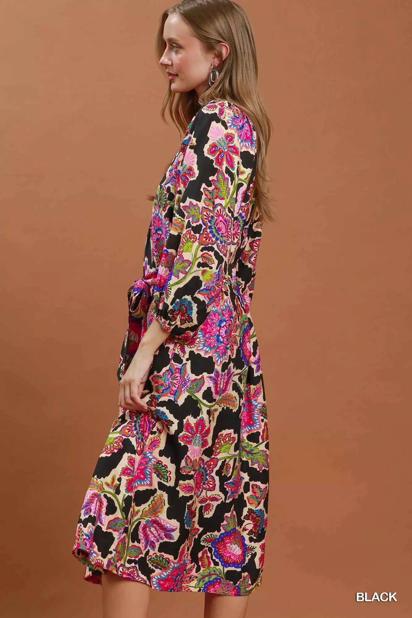 Umgee Abstract Print Embroidered Belted Midi Dress