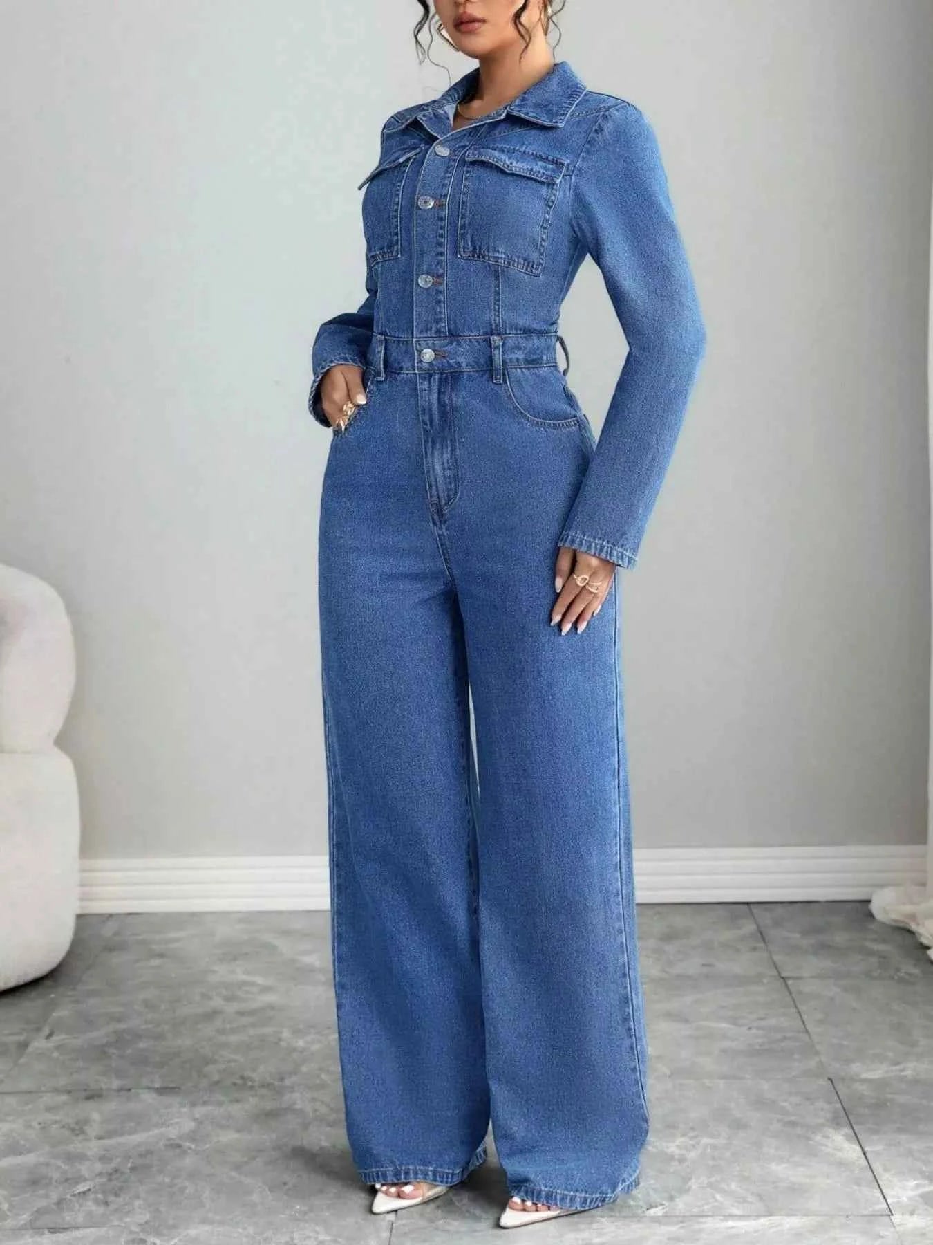 Button Front Long Sleeve Denim Jumpsuit