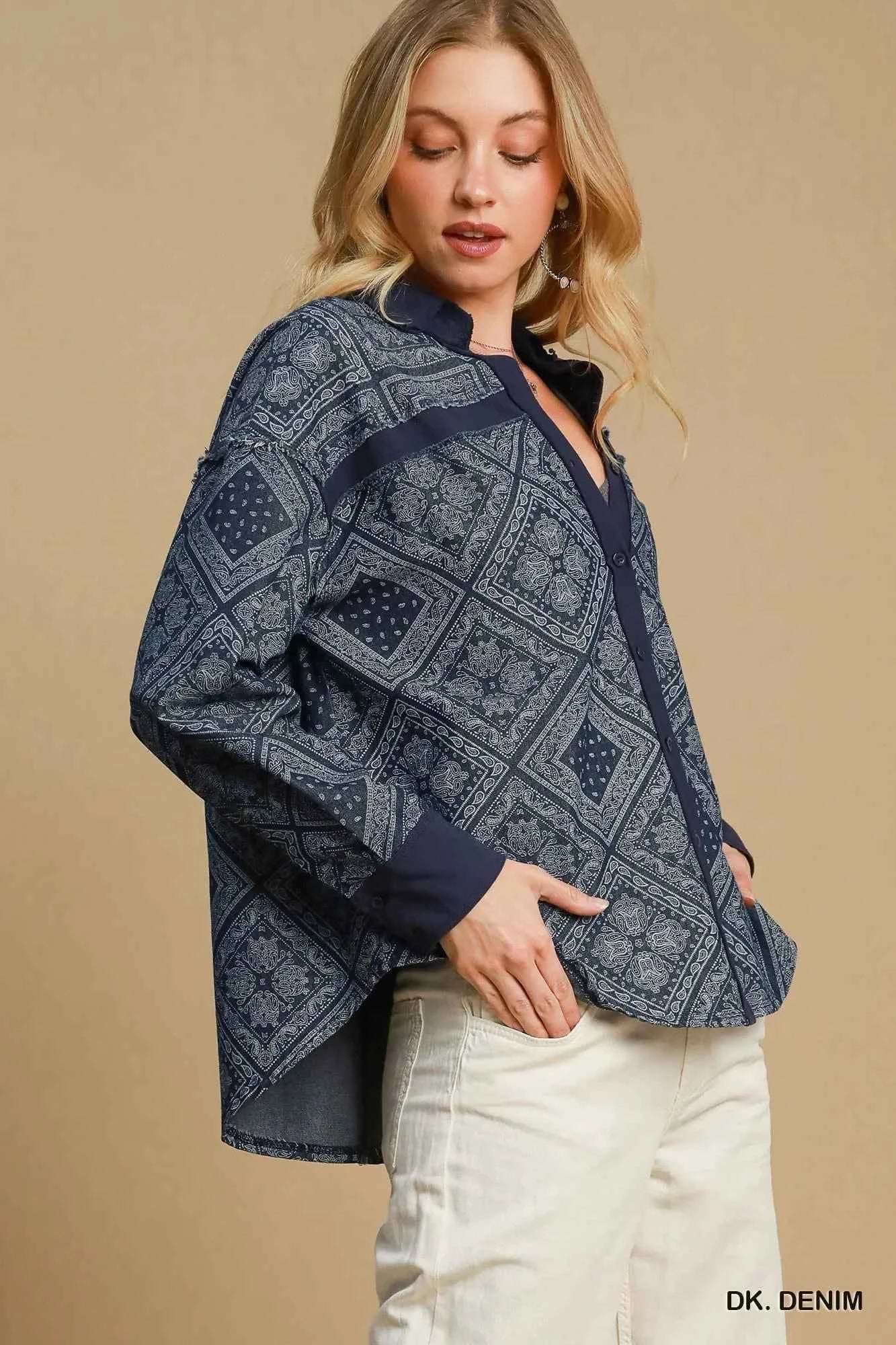 Umgee Paisley Print Denim Shirt Jacket