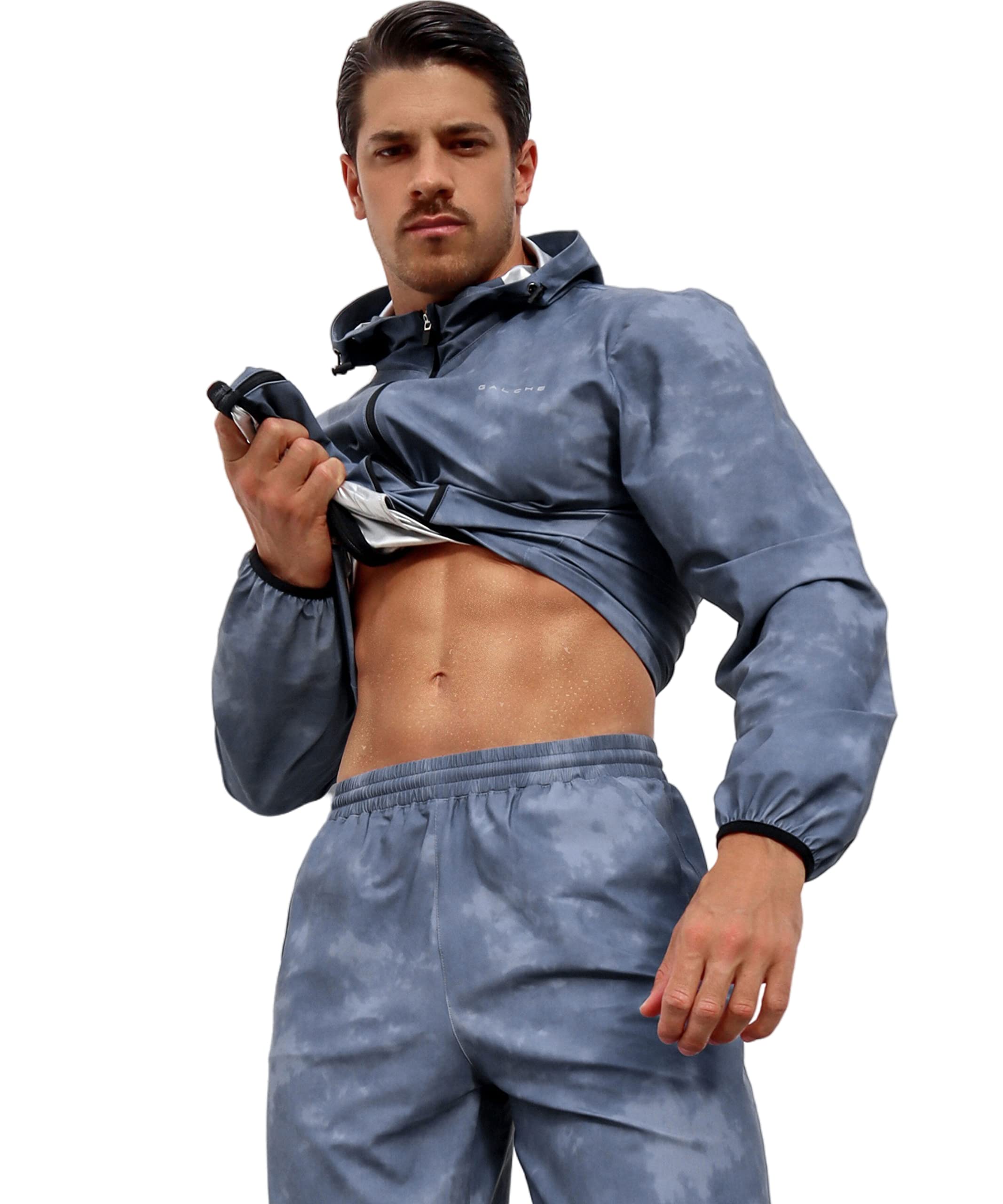 GALCHE Sauna Suit for Men Sweat Weight Loss Sauna Jacket Pant 2Piece Set Gym Workout Sweat Suits Boxing Clothes Blue Gray Medium - Amaryllisstores
