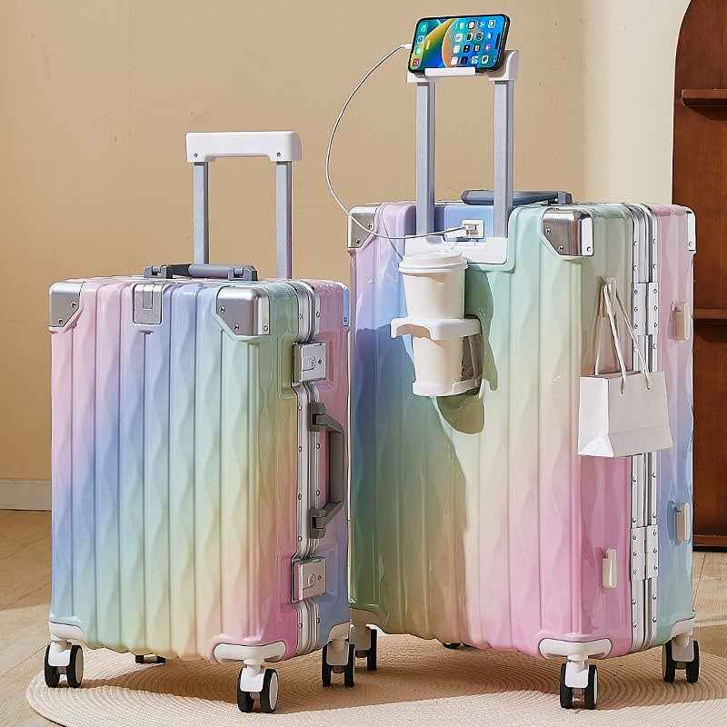 Aluminum Frame Hard Shell Luggage, Colorful And Fashionable, No Zipper Aluminum Frame, TSA Lock, With Cup Holder USB Interface, Aluminum Frame Travel Box, Durable Password Box