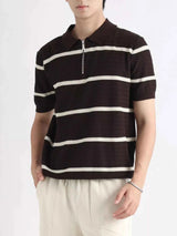 Men's Plus Size Striped Zip-Up Knit Polo