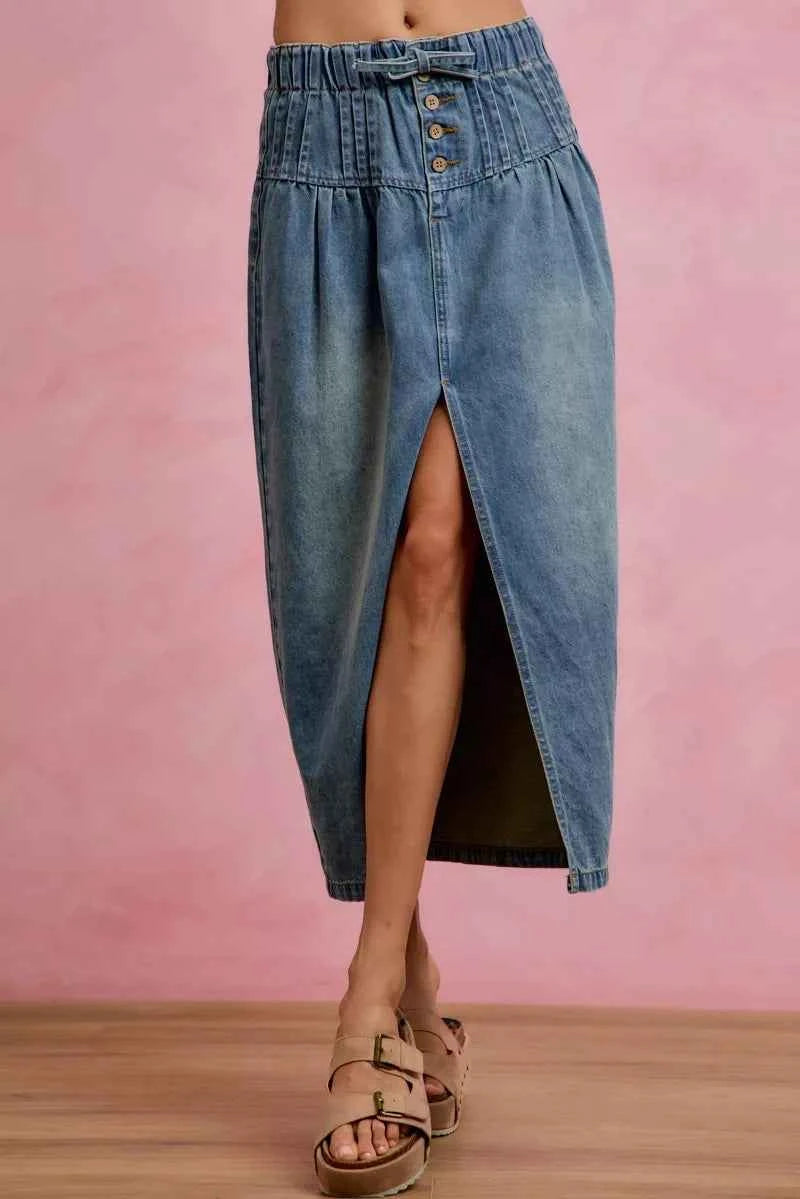 SO ME Pleated Washed Denim Skirt With Front Slit