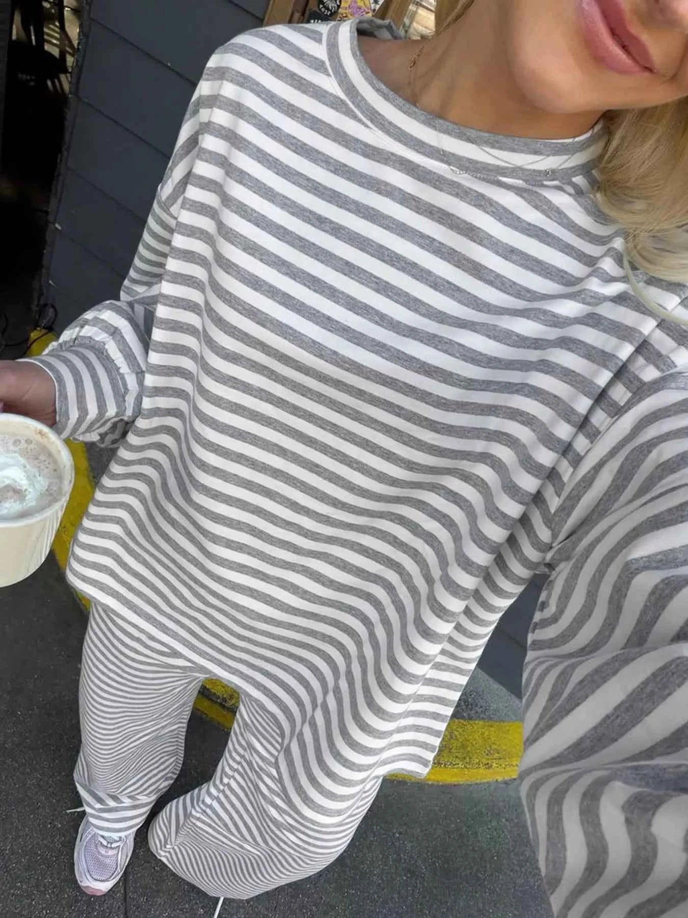 Striped Round Neck Top and Pants Set