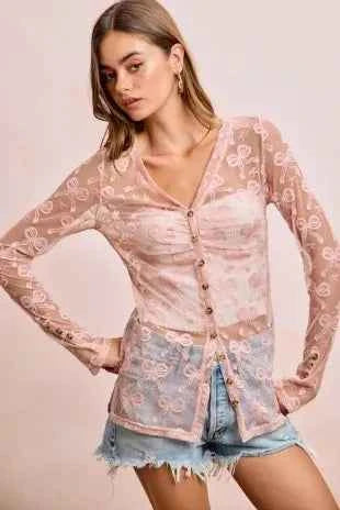 BiBi Bow Pattern Shrried V-neck Mesh Cardigan Top