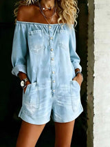 Full Size Button-Down Front Off Shoulder Romper Plus Size