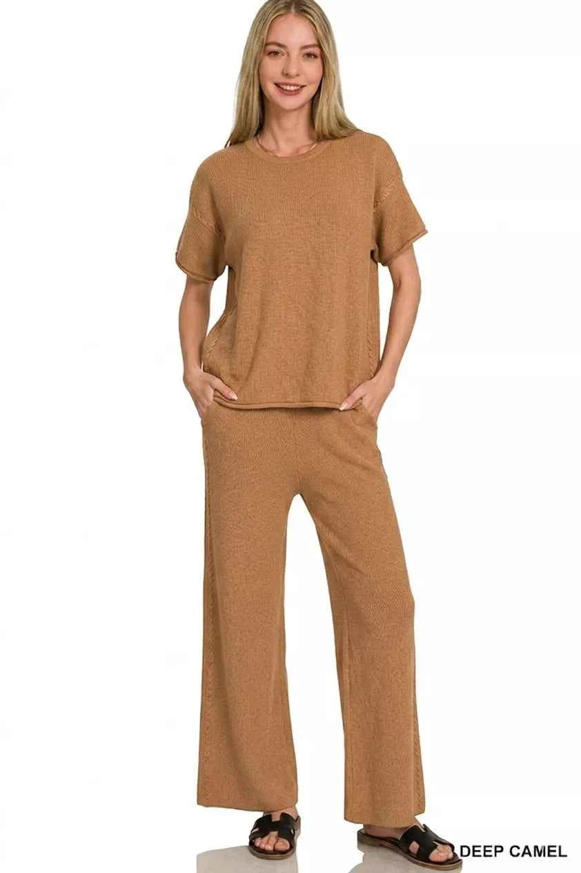 Zenana Viscose Round Neck Top & Pants Set