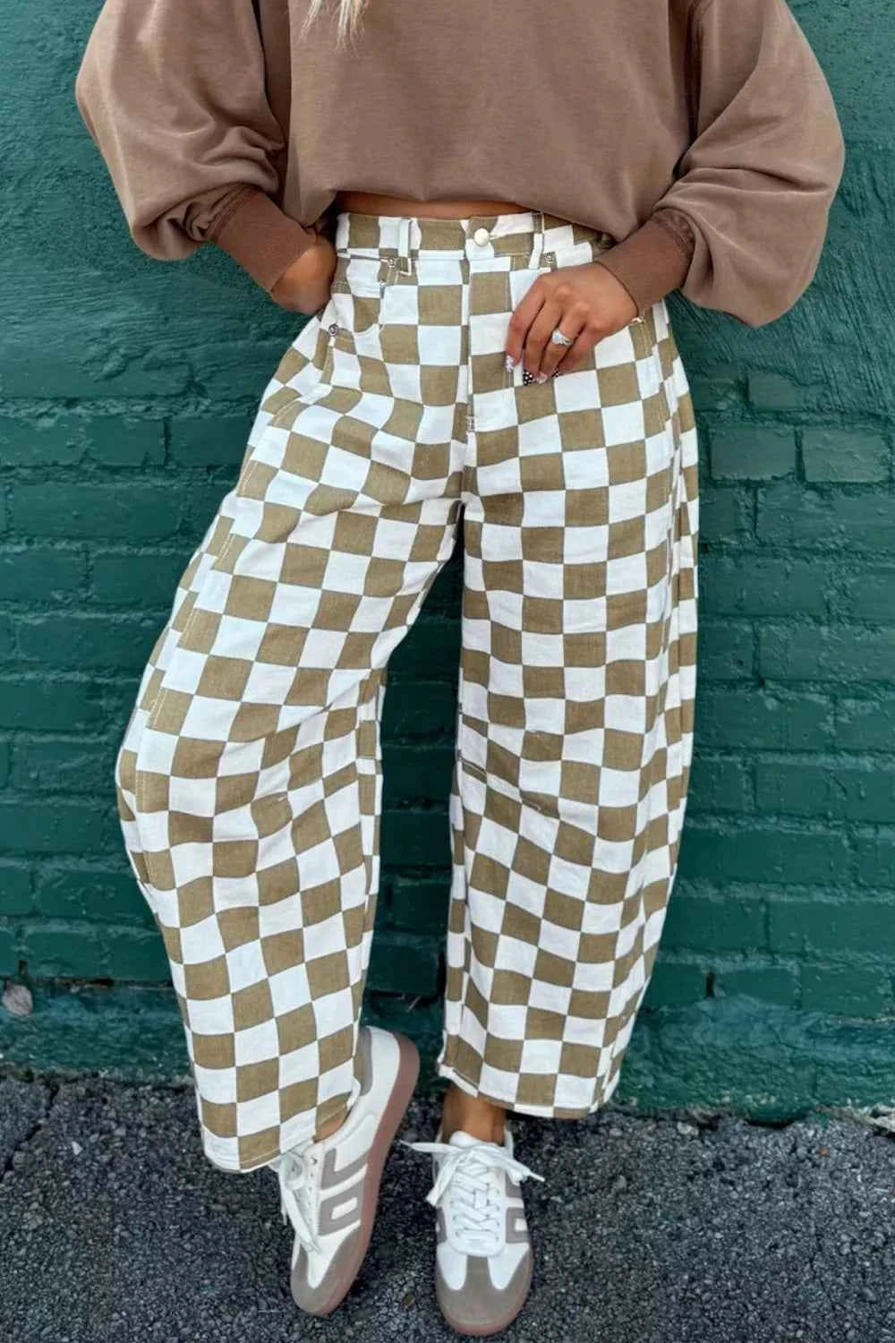 Checkered Print Denim Barrel Pants