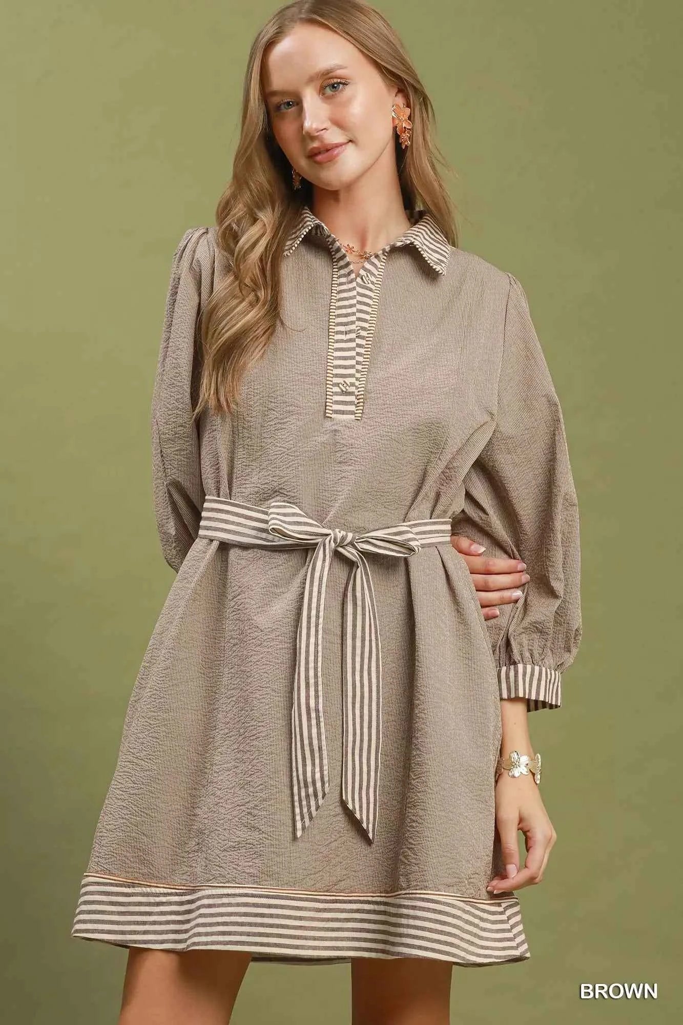 Umgee Striped Contrast Belted Puff Sleeve Mini Dress