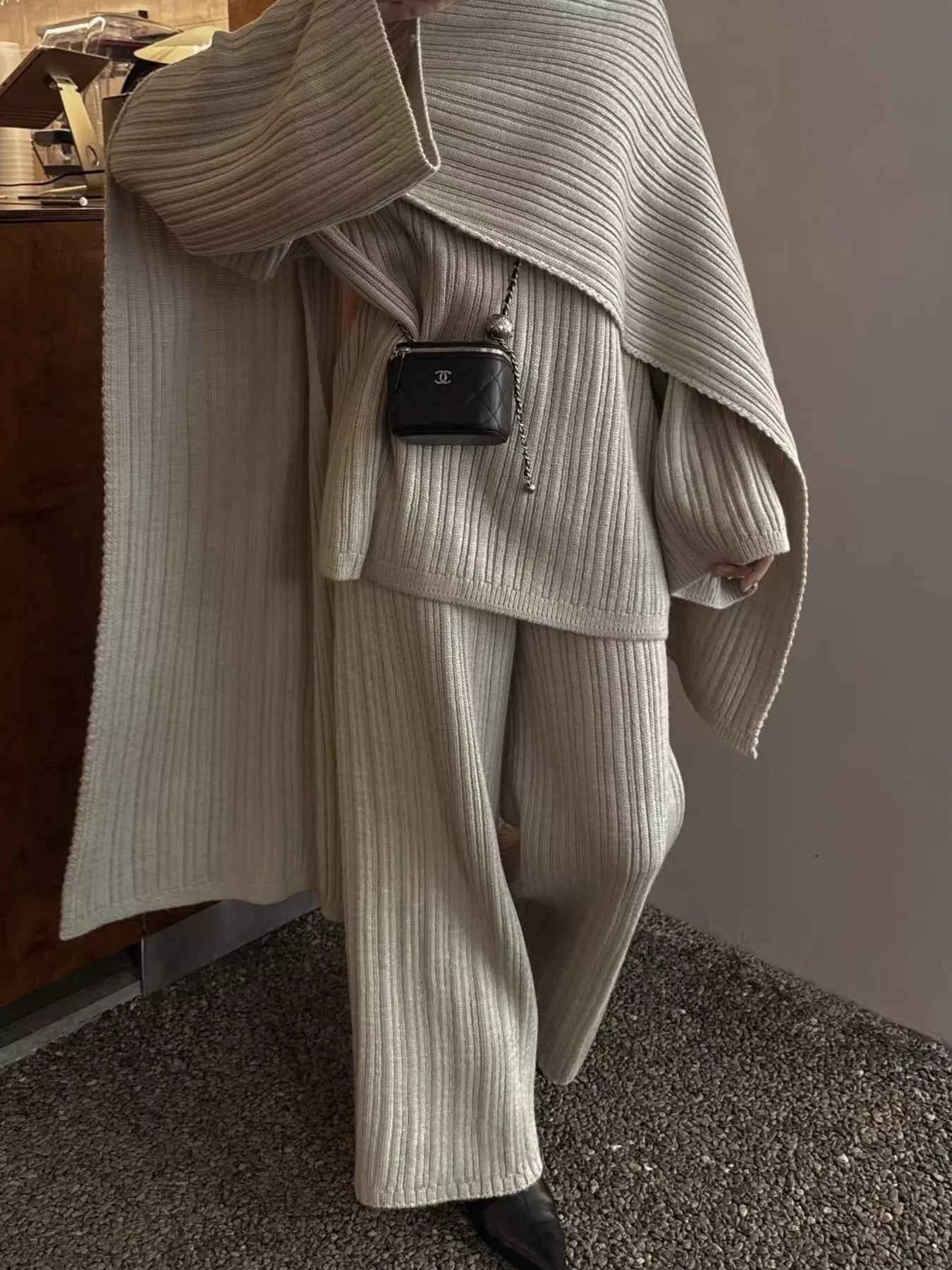 3-Piece Crew Neck Ribbed Sweater and Wide-Leg Pants Set with Scarf