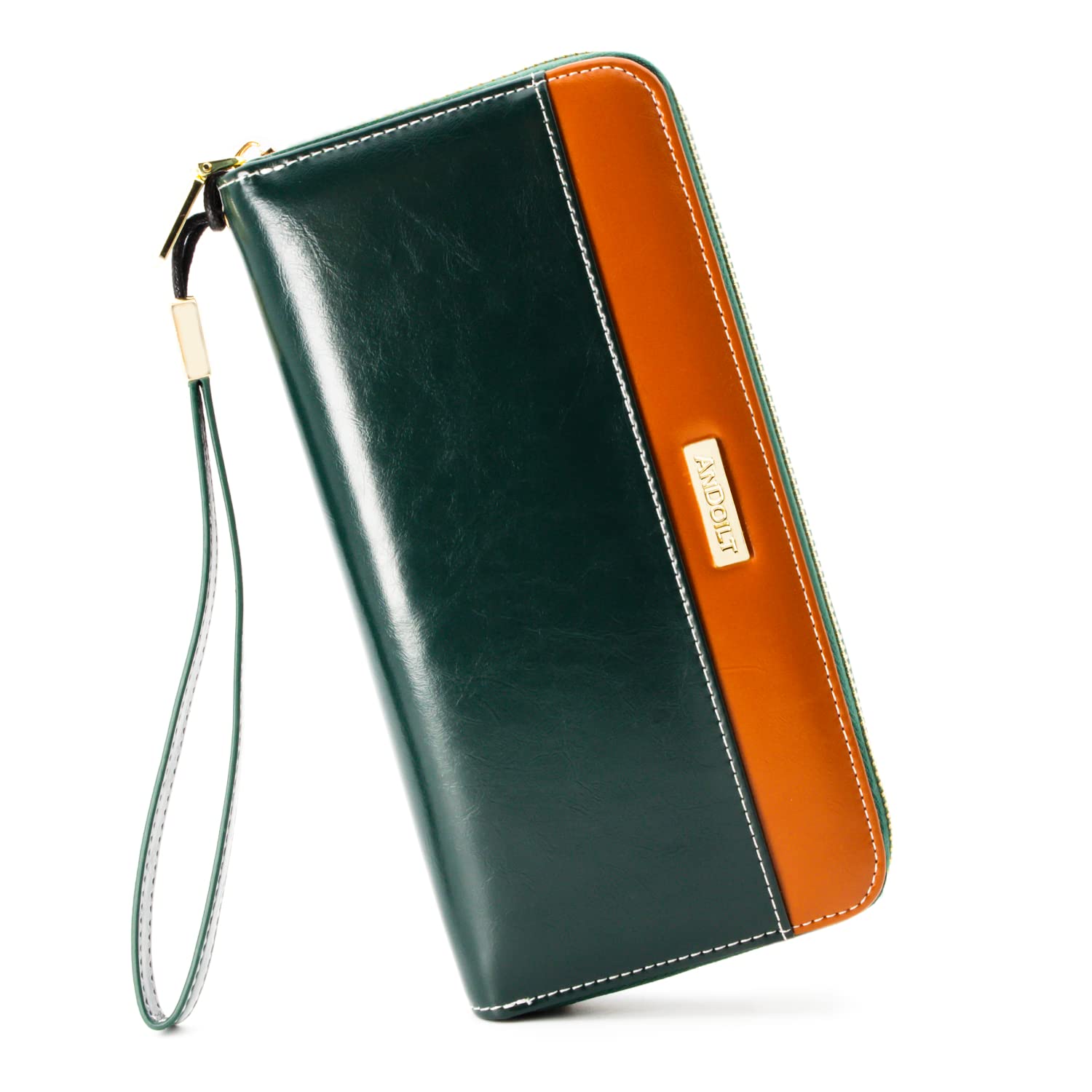ANDOILT Womens RFID Blocking Genuine Leather Zip Around Wallets Large Cell Phone Holder Clutch Travel Purse Wristlet Green