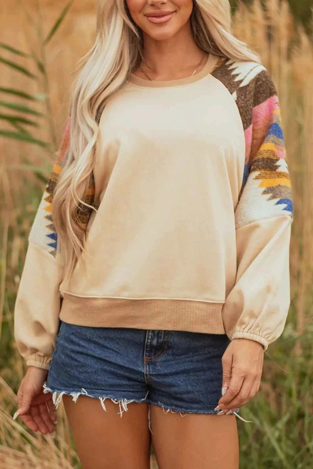 Aztec Bubble Sleeve Patchwork Western Sweatshirt