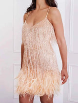 Full Size Sequin and Feather Fringe Mini Dress Plus Size