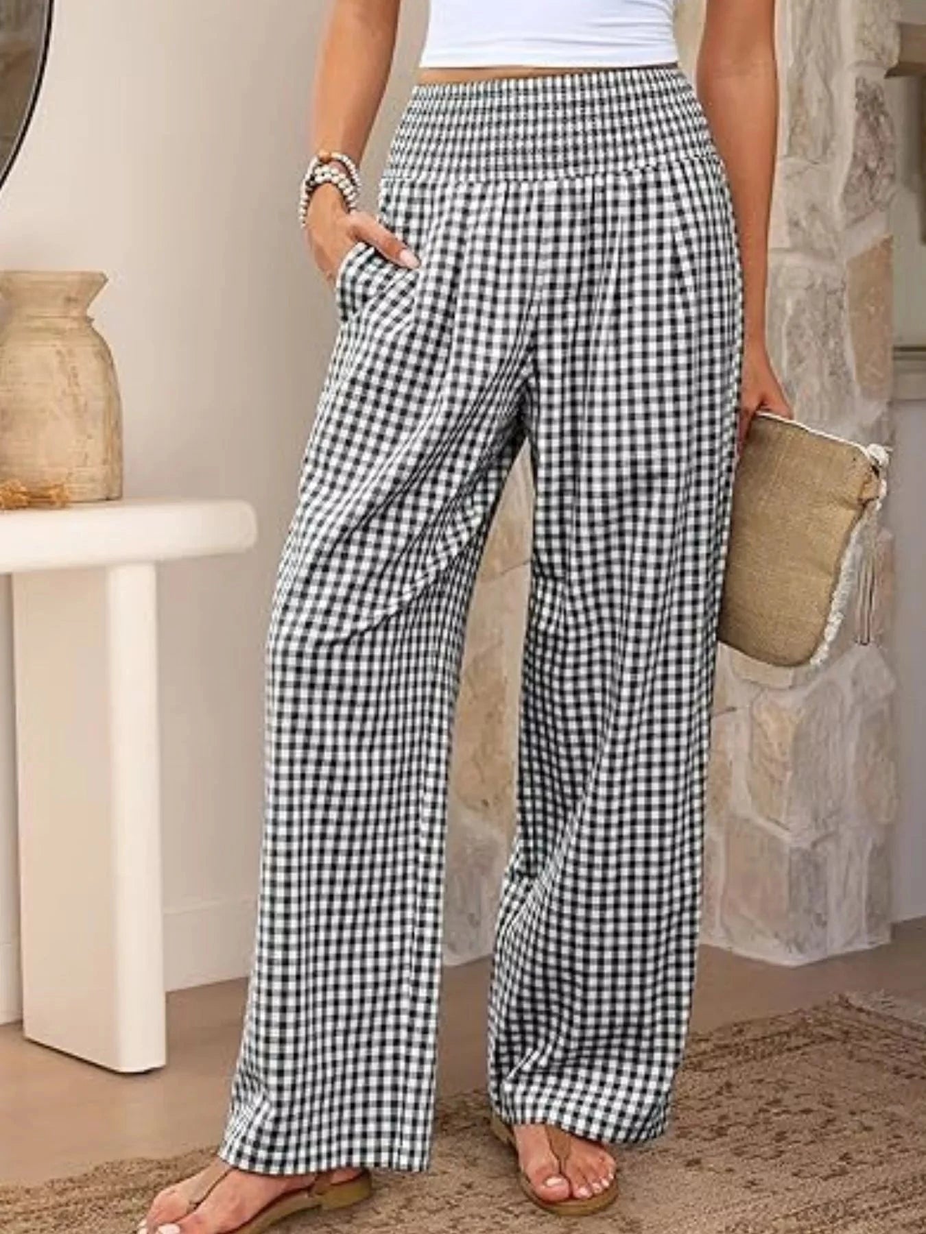 Gingham Wide-Leg Pants