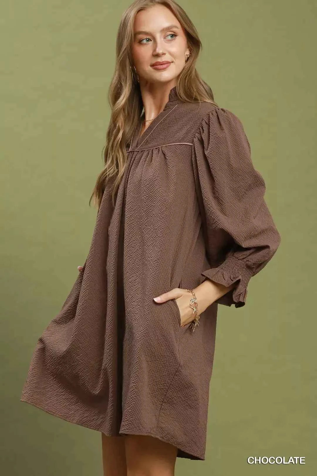 Umgee Textured Puff Sleeve Mini Dress