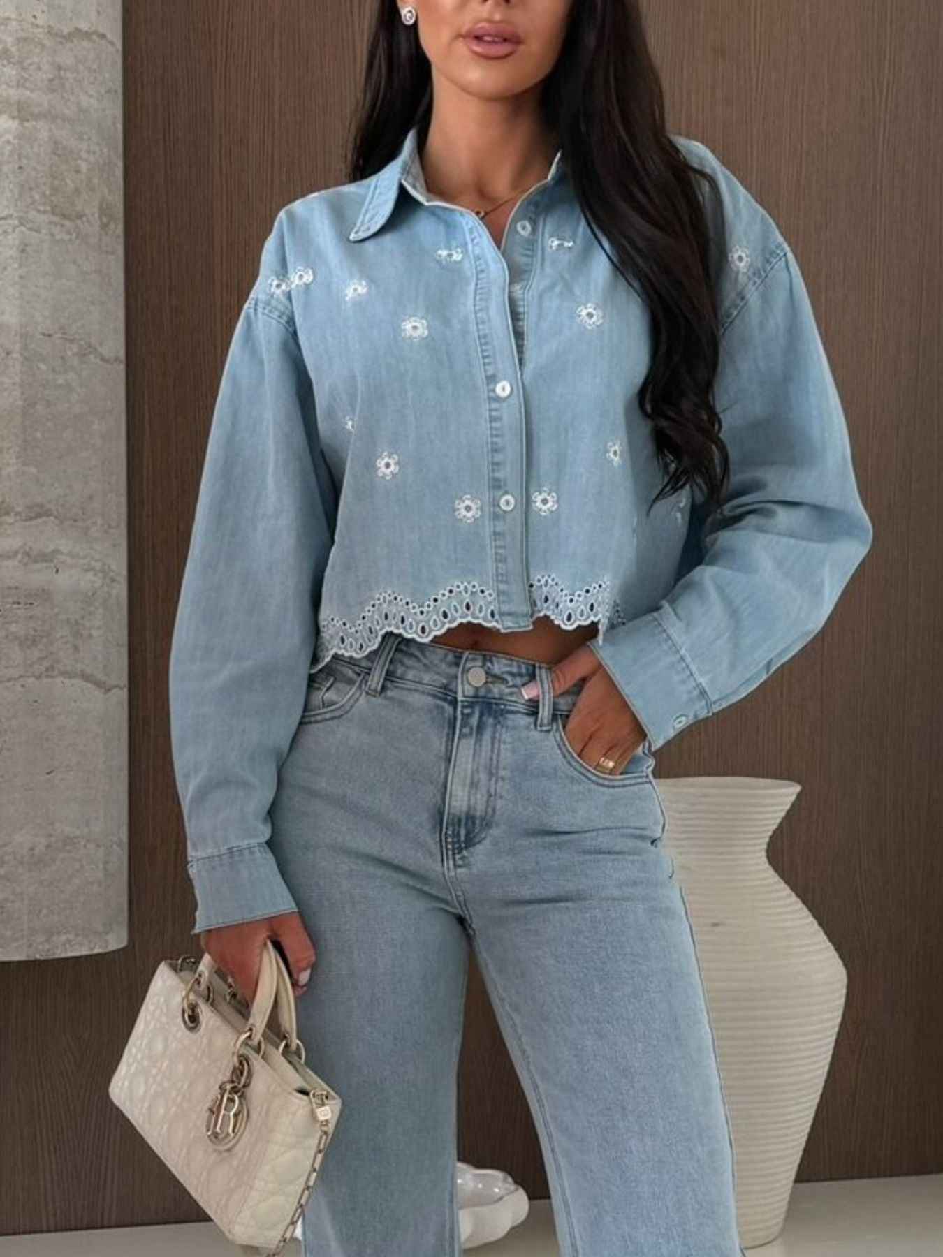 Embroidered Cropped Denim Shirt