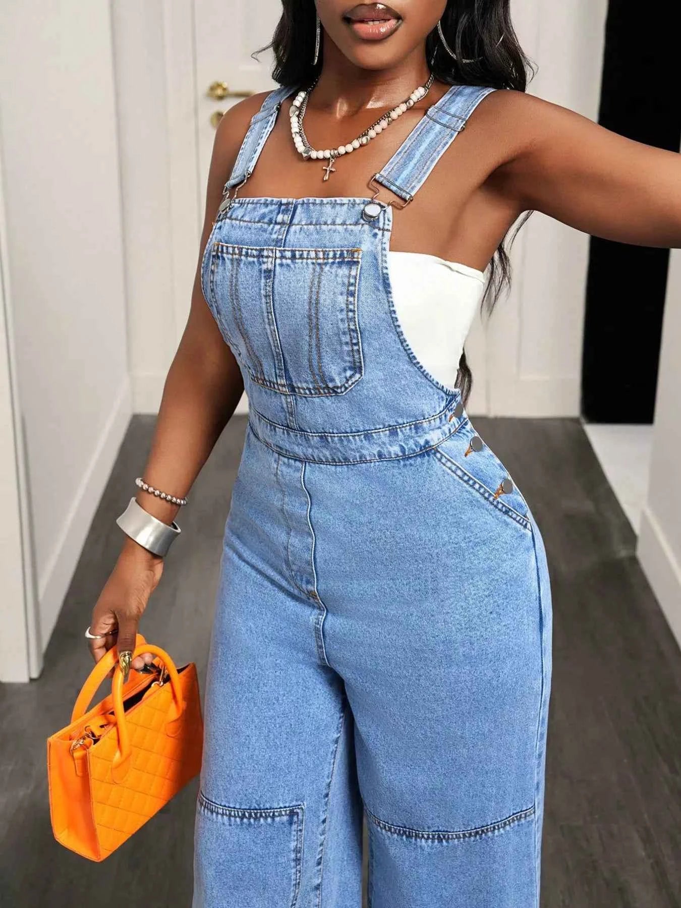 Wide Strap Wide Leg Denim Overalls