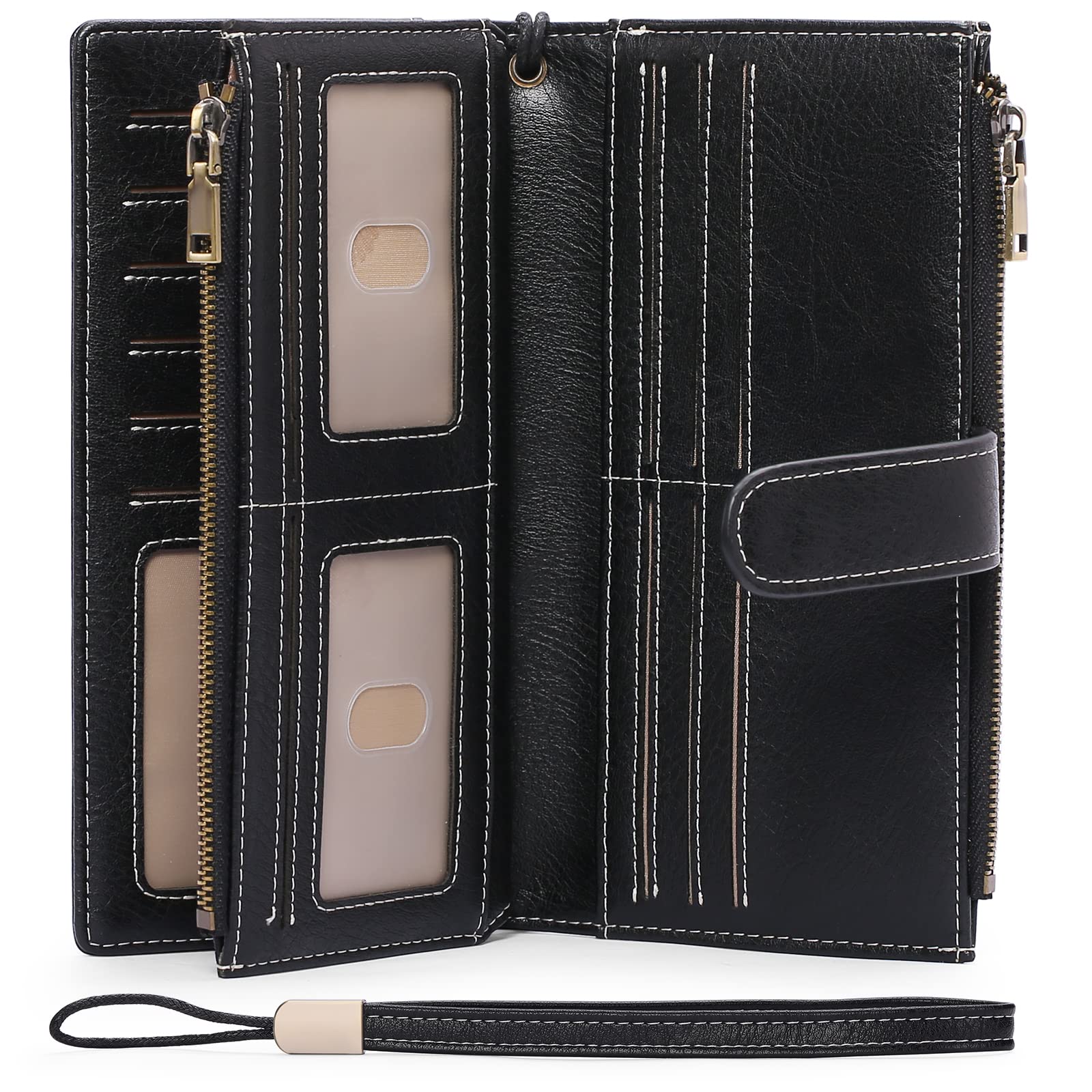 GOIACII Womens Wallets Large Capacity Credit Card Holder Rfid Wallet Women Double Zipper Pocket Leather Bifold Ladies Wristlet Clutch Wallet