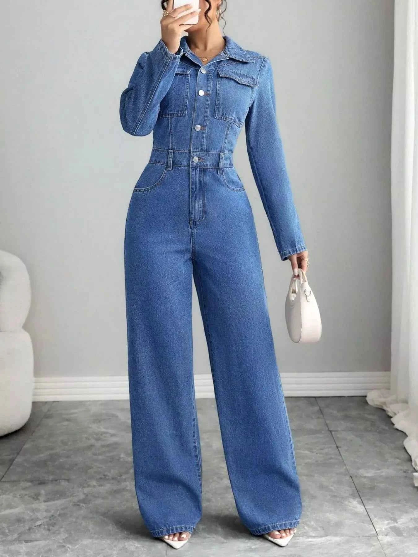 Button Front Long Sleeve Denim Jumpsuit