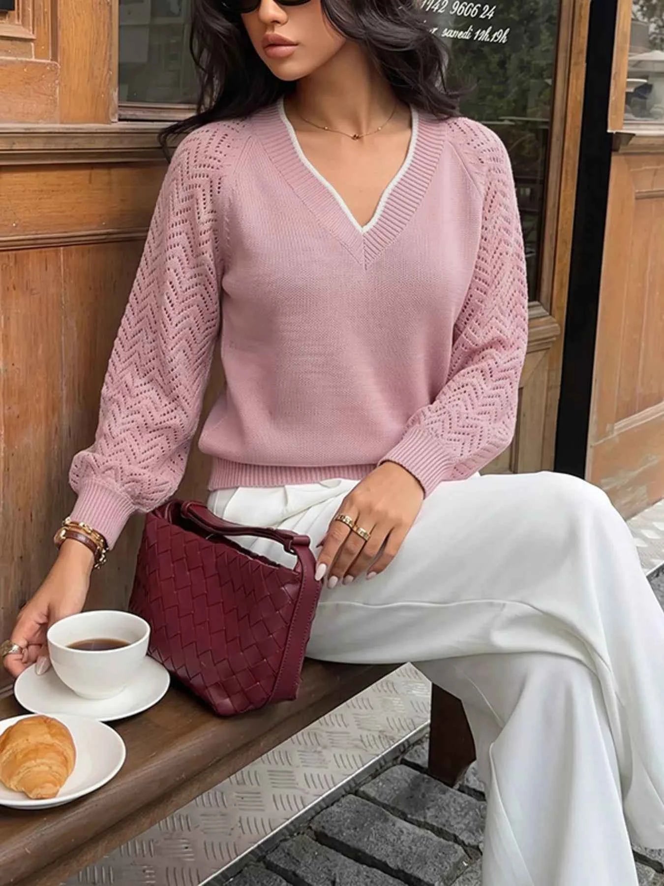 V-Neck Openwork Long Sleeve Sweater
