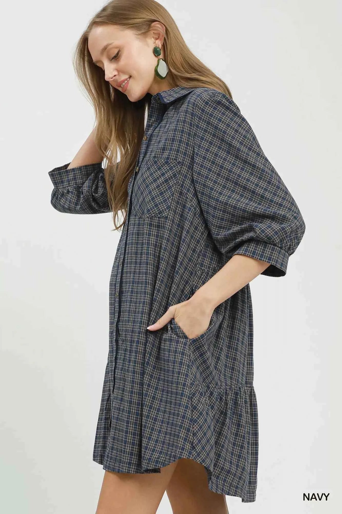 Umgee Plaid Button Down Oversized Shirt Dress