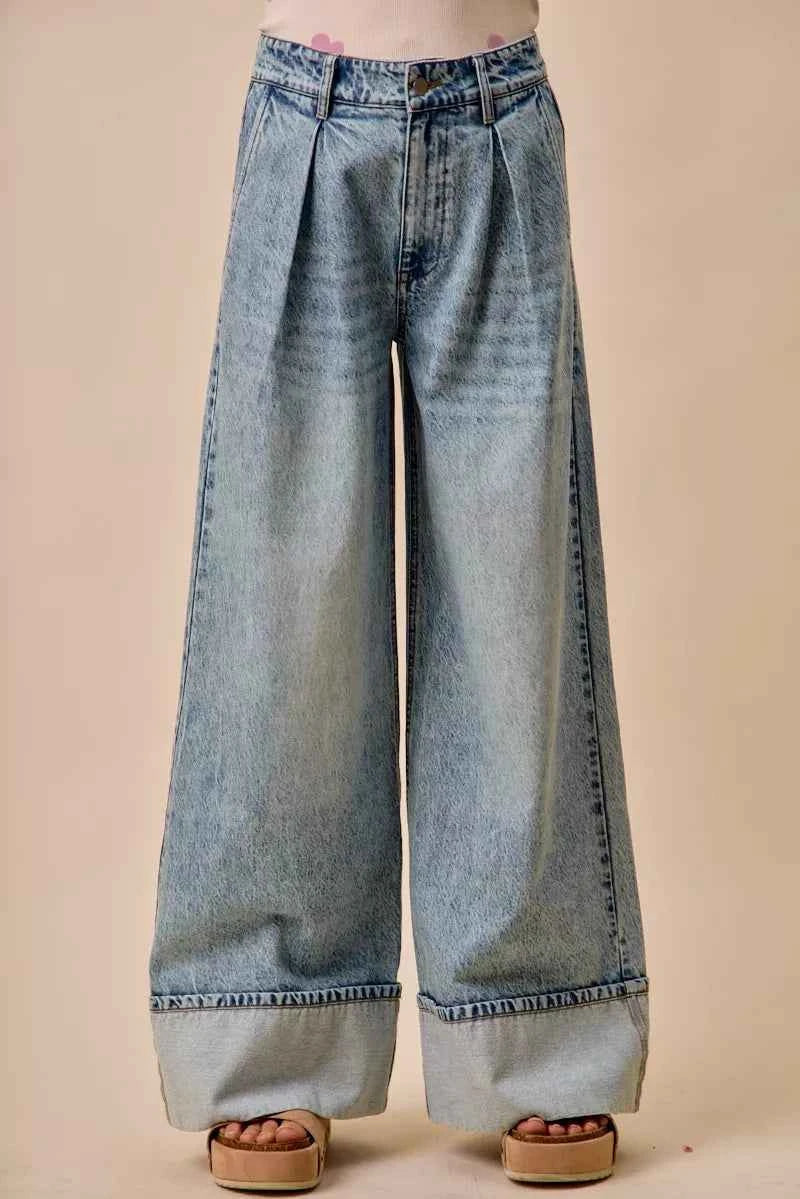 SO ME Mid Rise Plated Wid Leg Denim Jean