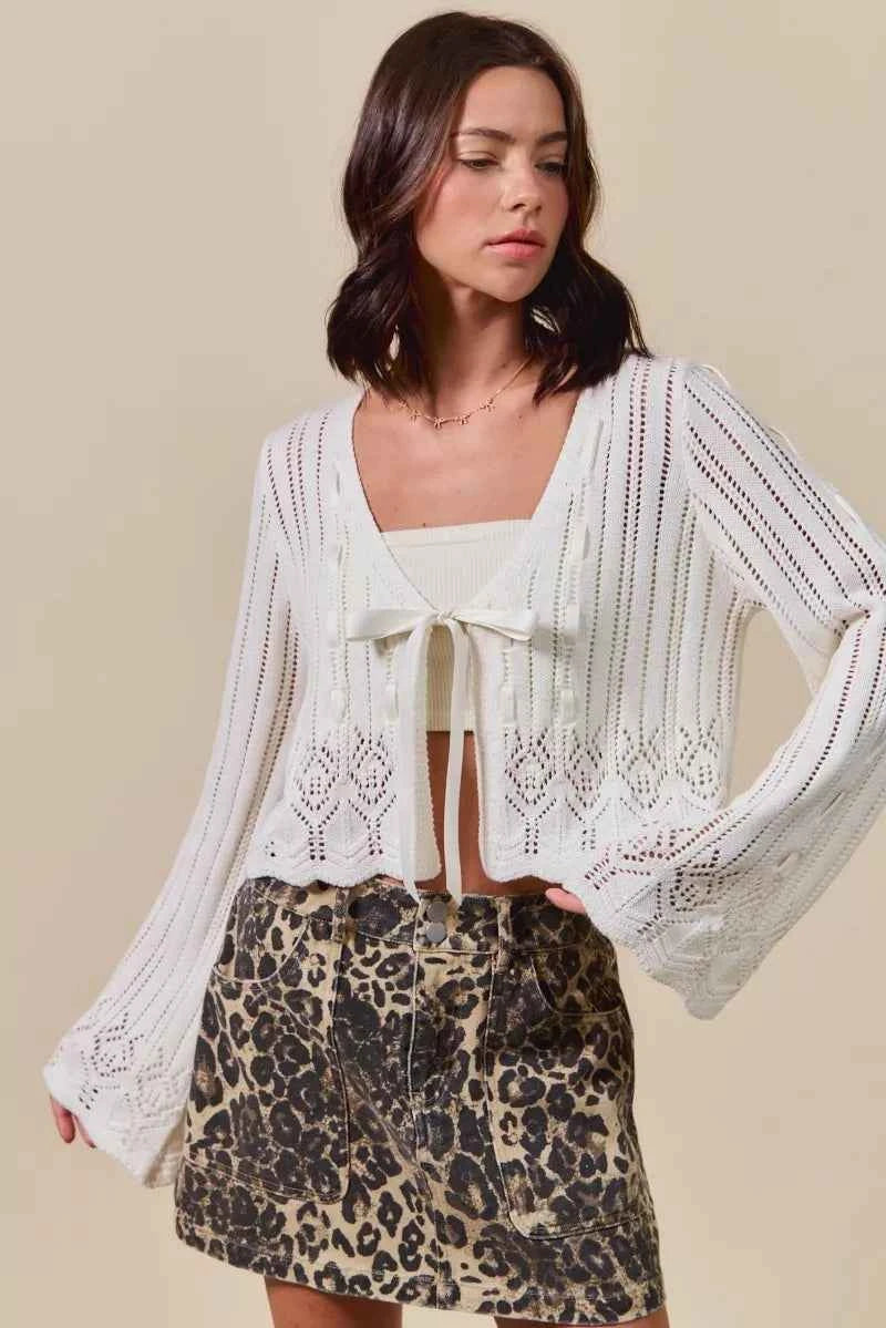 SO ME Textured Sweater Open Front Ribbon Tie Cardigan