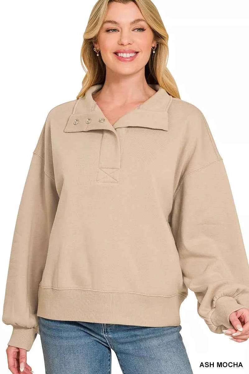 Zenana Fleece Half Snap Button Sweatshirt