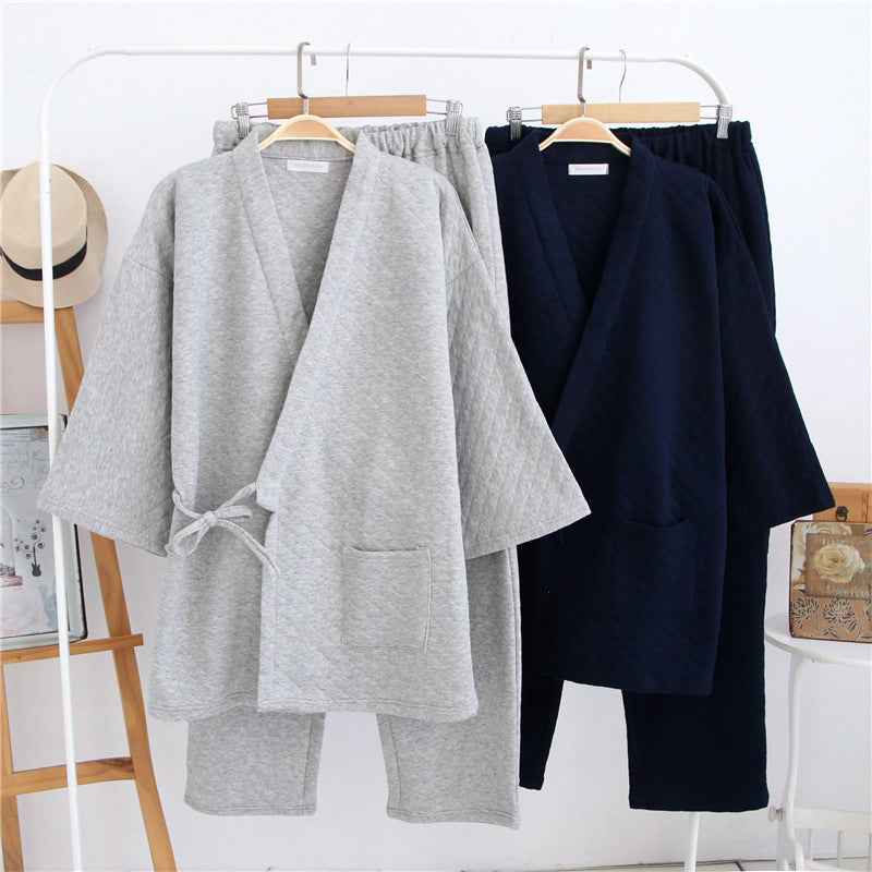 New Autumn Winter Mens Japanese-Style Pure Cotton Air-Layer Loungewear Set