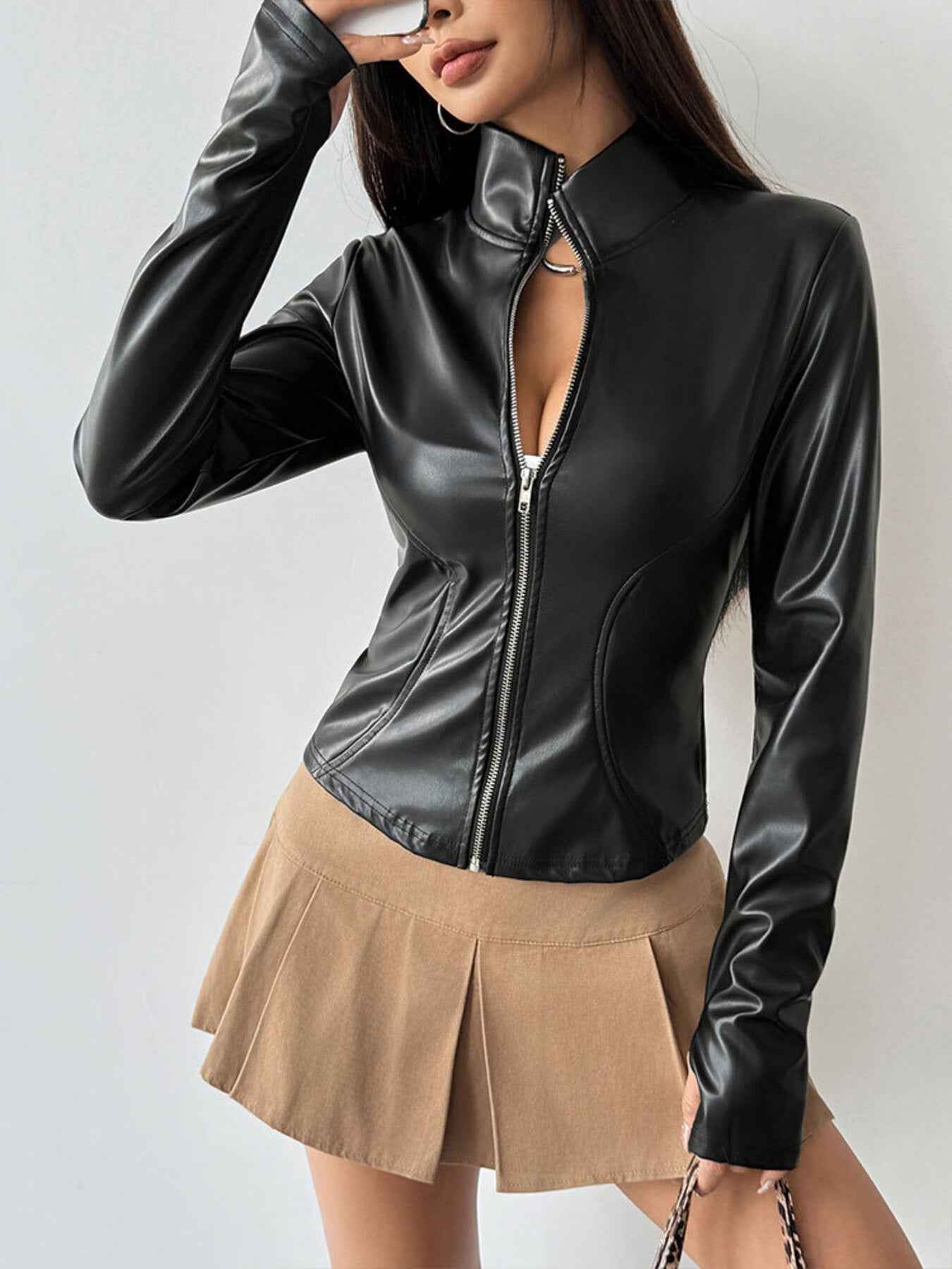 Zip Up Long Sleeve Leather Jacket