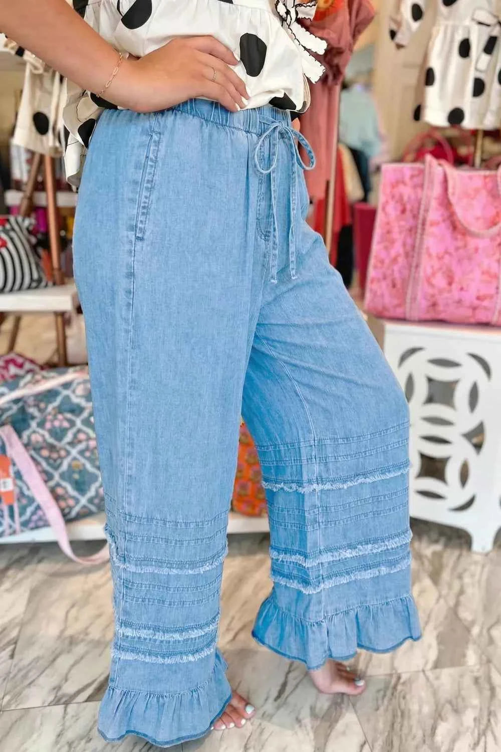 Ruffled Hem Wide Leg Chambray Jeans