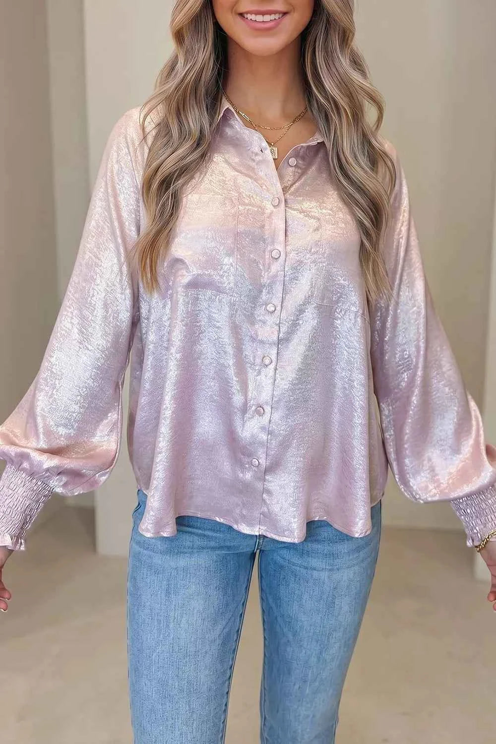 Long Sleeve Button Front Ruffle Cuffs Back Paneling Shirt