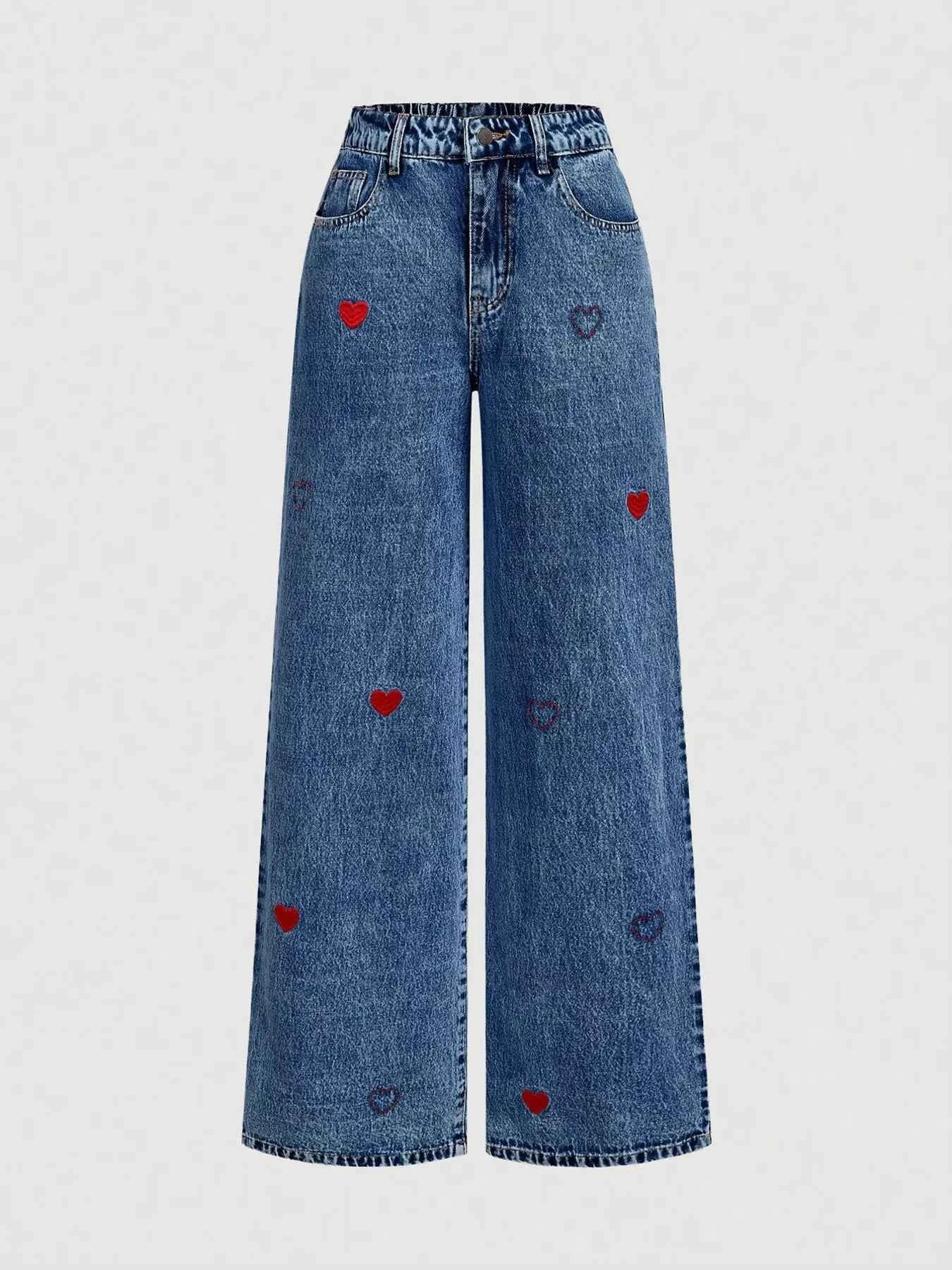Embroidered Heart Wide-Leg Jeans
