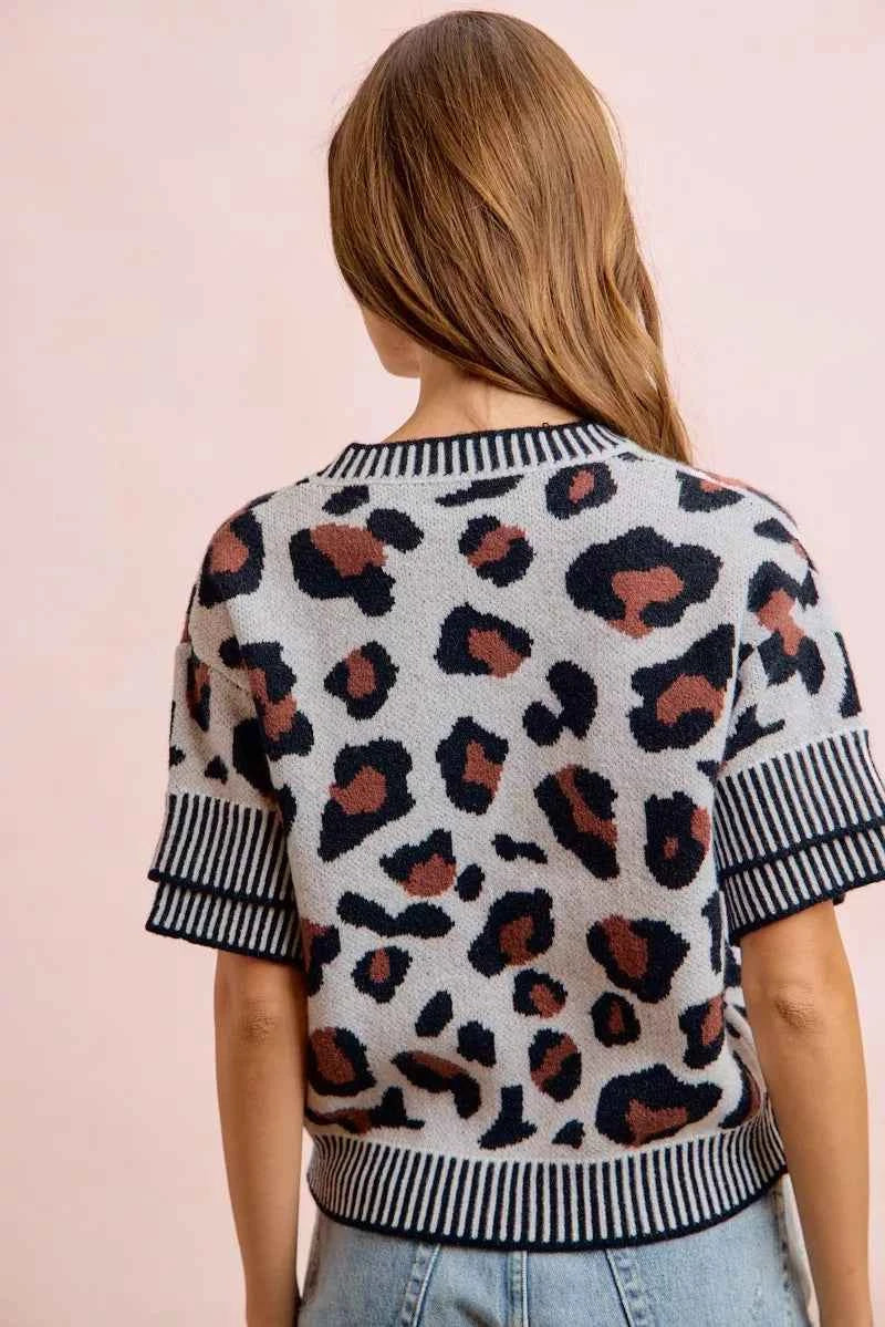 BiBi Two Tone Detail Leopard Knit Double Sleeves Top