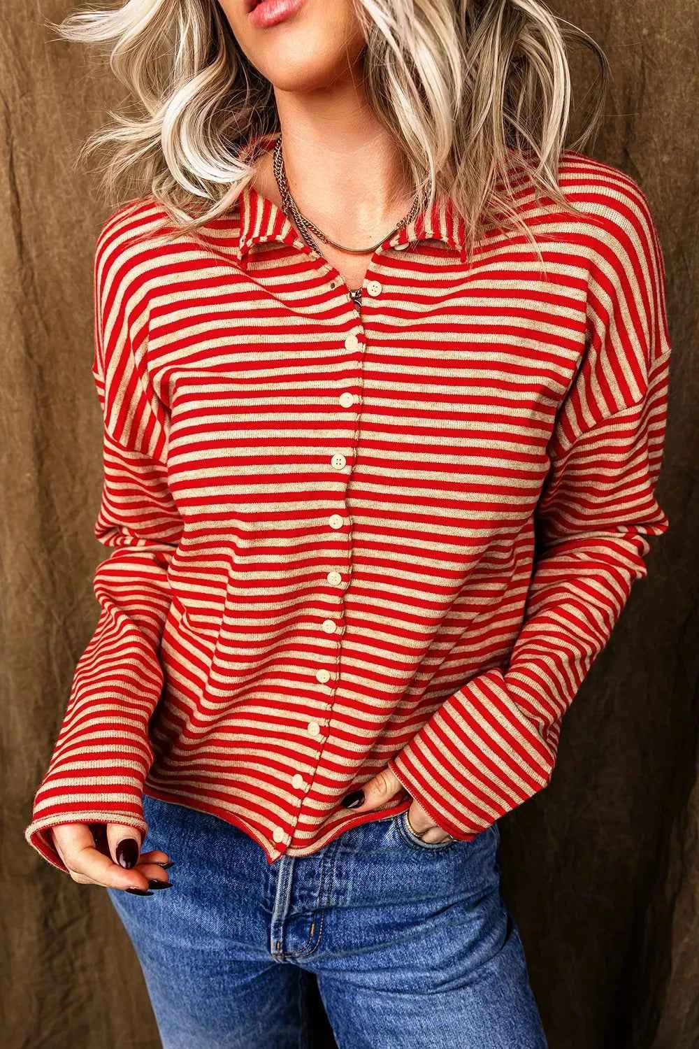 Stripe Striped Button Collar Long Sleeve Knit Cardigan