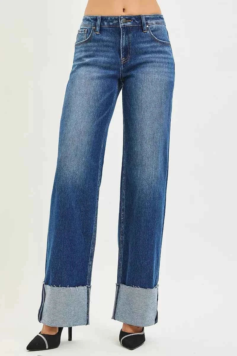 RISEN Mid Rise Wide Straight Jeans With Wide Cuff