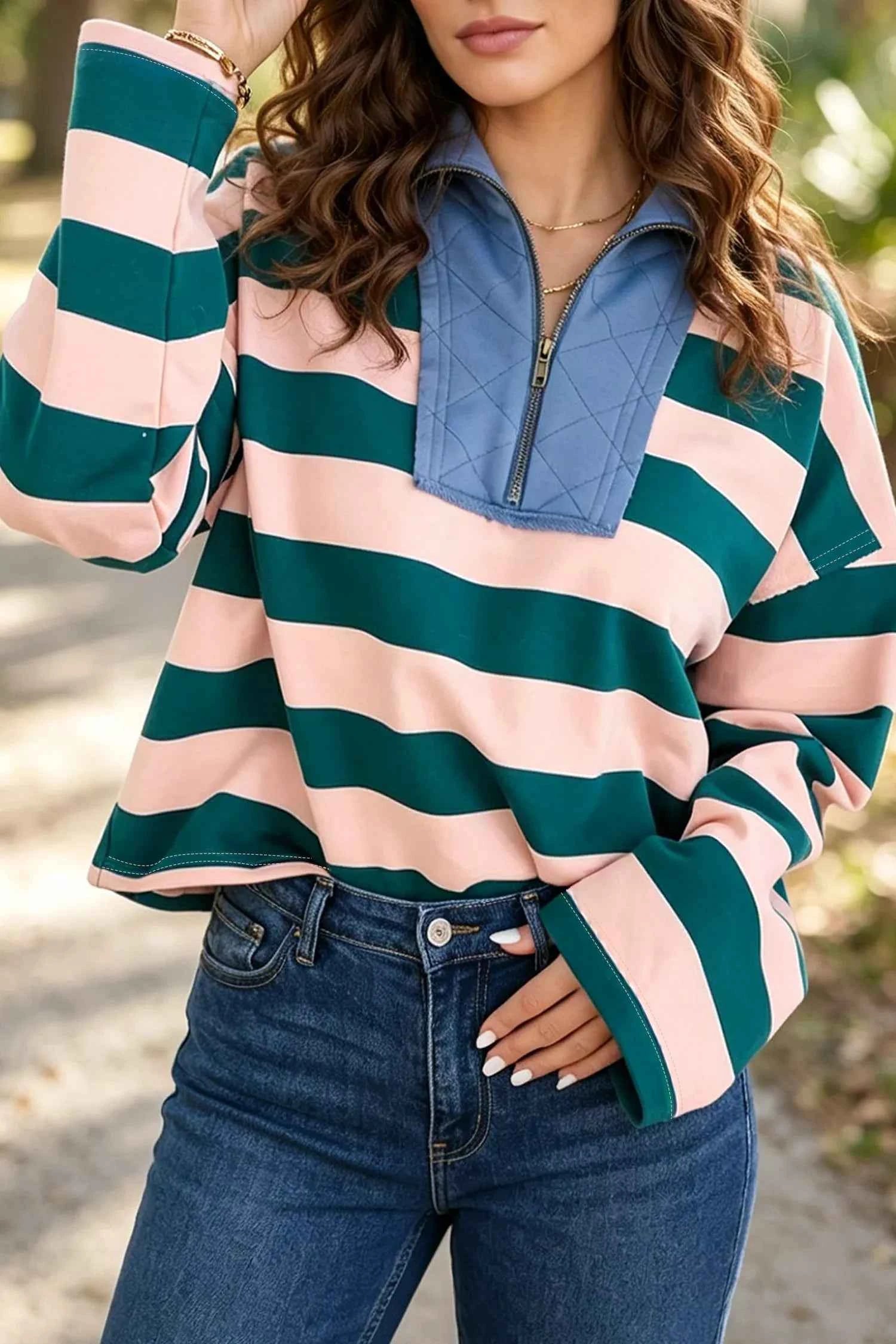 Stripe Quarter-Zip Metal Zipper Cover Stitch Hem Top