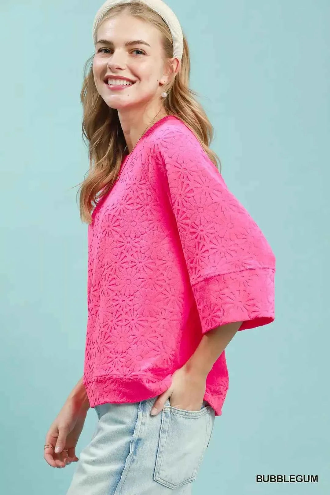 Round Neck Textured Floral Terry Blouse